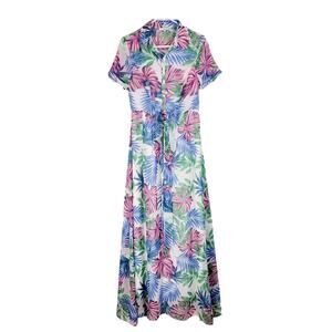 Vintage Jenn pink blue tropical short sleeved maxi shirt dress Sz S coconut girl